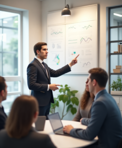 Image of man presenting business analytics on a whiteboard