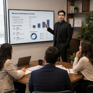 Image of clients in an office viewing business development