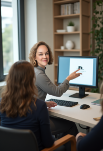Image presenting logo development to clients in the office on a computer