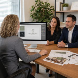 Image in office with clients looking at logo development