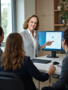 Image of woman presenting web design and analytics on a computer monitor