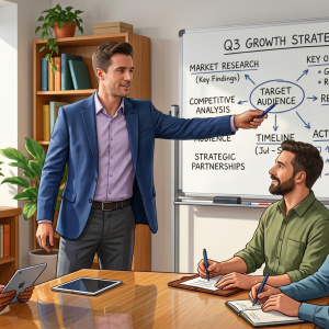 Image of speaking with clients in an office about information on a whiteboard