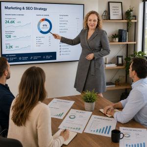 Image of clients in office viewing Marketing and SEO